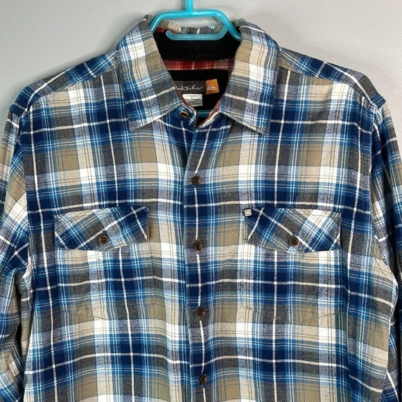 QUIKSILVER Mens Plaid Flannel Button Up Shirt Blue Tan Long Sleeve Logo Skate S - Picture 2 of 16